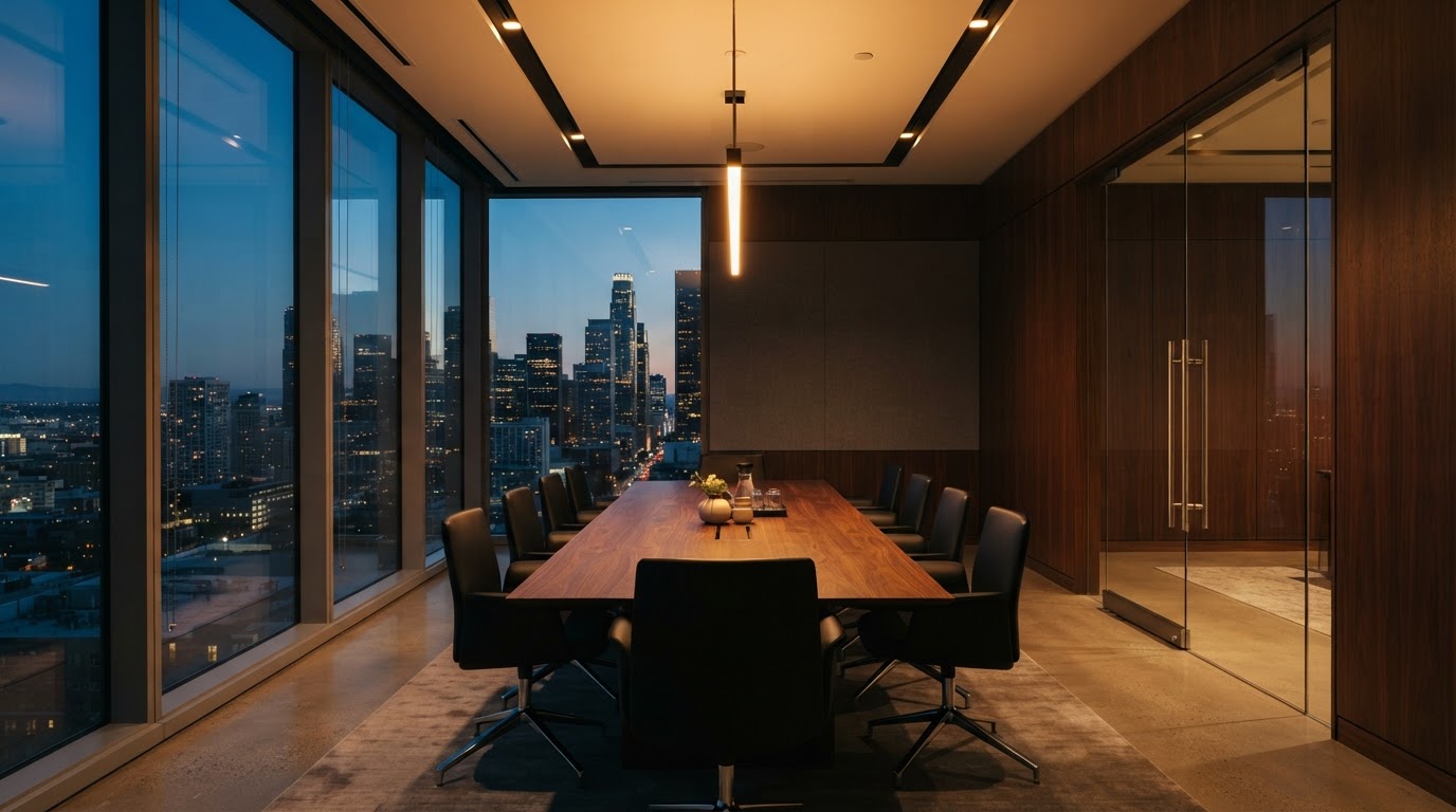 Sala de reunião moderna com janelas de piso ao teto